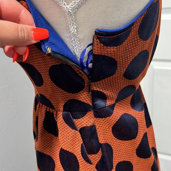Anthropologie Maeve Rokin Dress Polka Dot Sleeveless Cross Back Blue Orange Sz 0 - Picture 7 of 11